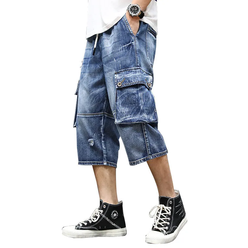 Джинсы мужские прямые свободные многокарманные Бриджи мужские летние трендовые джинсовые шорты большого размера тонкие джинсовые шорты