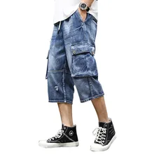 Джинсы мужские прямые свободные многокарманные Бриджи мужские летние трендовые джинсовые шорты большого размера тонкие джинсовые шорты