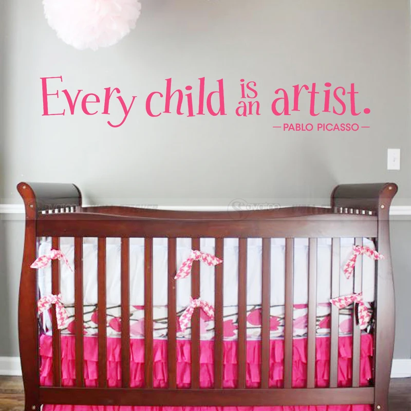 Каждый ребенок является художником Пабло Пикассо Цитата Виниловая наклейка на стену детская комната слова наклейки в виде букв 17x102 см - Цвет: Blush