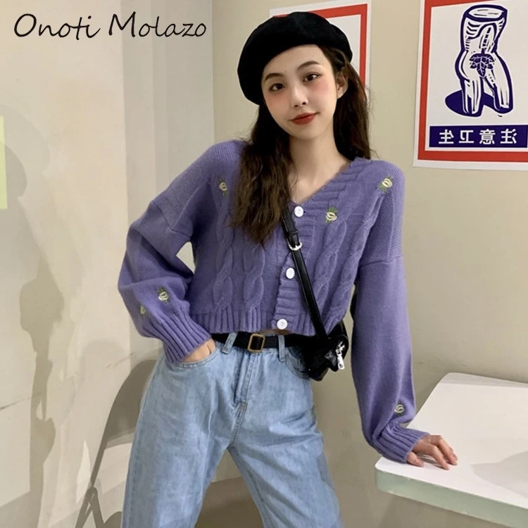 

Onoti solid twist floral embroidery crop sweater korean style fashion ladies knitted cardigan autumn winter female tops 2020