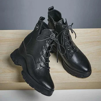 

Luxury brand wedges thick bottom boots genuine leather round toe high heels lace up winter solid women ankle boots zapatos mujer