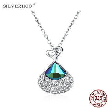 

SILVERHOO 925 Sterling Silver Unique Heart Pendant Necklace Fanshaped Austria Crystal Fine Jewelry New Design Women Chains 2020