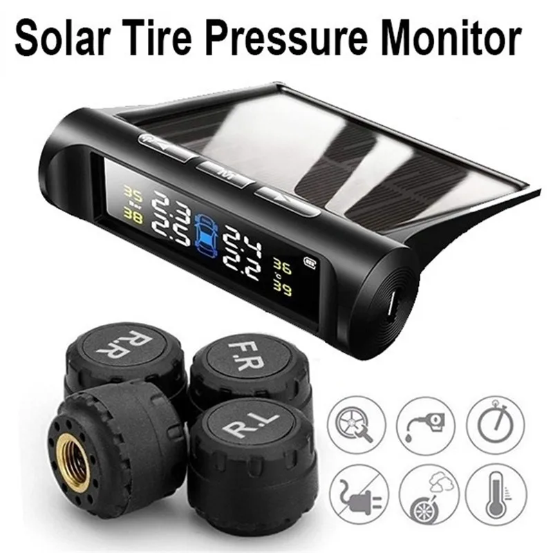

Universal Car Solar TPMS Tire Pressure Monitoring System LCD Display Wireless Tire Pressure Detector with 4 External Sensors