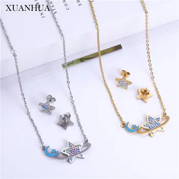 

XUANHUA Star Moon Multi Layer Necklace Earrings Set Stainless Steel Jewelry Sets Fashion Jewelry Accessories Gifts For Girls