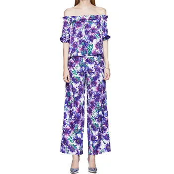 

ZAWFL New Boho Women Two Piece Set Sea Anemone Print Off Shoulder Ruffles Cropped Top Wide Leg Pants High Waist Slim Sexy Suits