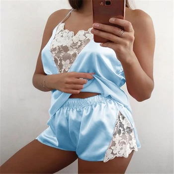 

2020 New Ladies Suit Sexy Sleeveless Lace V Neck Top And Short Pajamas Mujer Suit Hollow Summer Home Ladies Suit