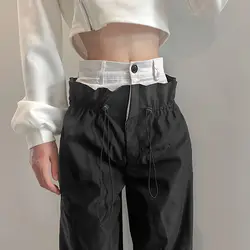 Calças femininas 2022 nova moda comprimento total estilo rua alta reta primavera outono casual retalhos pant estilo euro américa