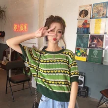 

Women Summer Green Heart Patern Knitted Short Sleeve Tops Vintage Geometric Crop Tops Knitwear Ladies Elegant All-match Jumpers
