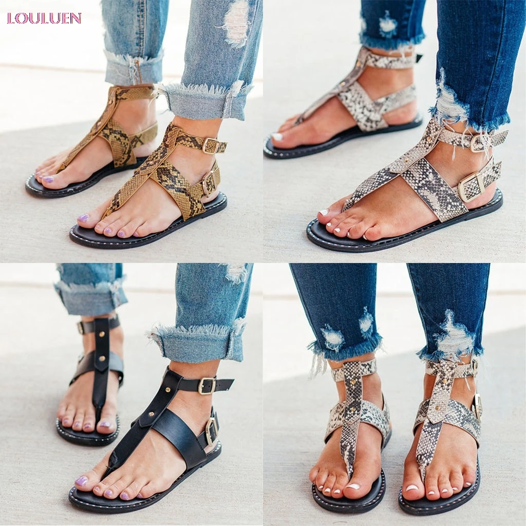 

Women Sandals Summer PU Bohemian Style Open Toe Snake Pattern Buckle Roman Sandals Flats Ladies Summer Casual Beach Shoes C35#