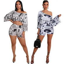 Aliexpress - New Women’s Newspapers Letter Print 2 Piece Outfits Suit Shorts Left Shoulder Two-piece Set