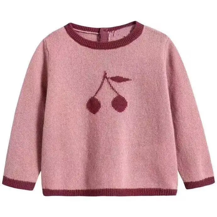 

2019 New Fahsion Autumn Winter Girls Sweater Pink Kintted Tops Cherry Brand Printed For Girls Clothing