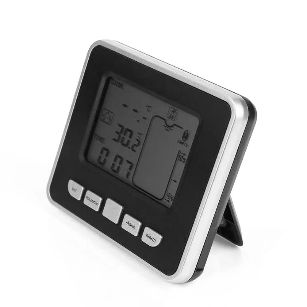 

Ultrasonic Water Tank Level Meter Temperature Sensor Low Battery Liquid Depth Indicator Time Alarm Transmitter Measuring Tools