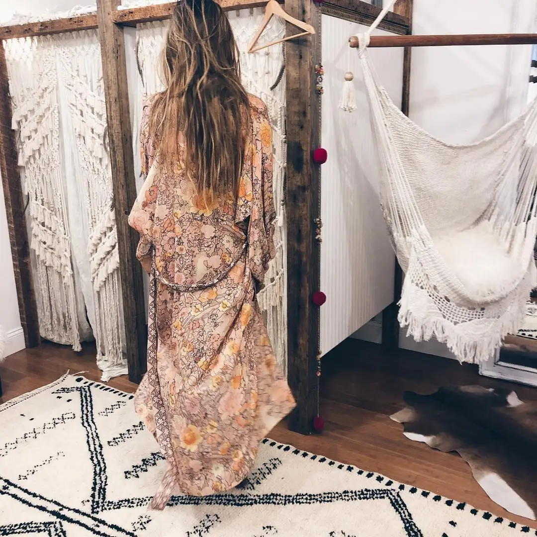 Kiyumi Boho Dress Women Floral Print Robe Kimono Summer New Long Sleeves V-neck Cardigan Vintage Kimono Casual Beach Kimono