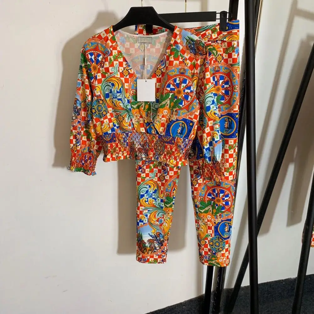 Весенняя одежда размера плюс XL женский сексуальный топ с глубоким v-образным вырезом и коротким рукавом-фонариком, комплект штанов с принтом - Цвет: Многоцветный