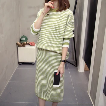 

2 Piece Set Women Casual Knitted Two Piece Set Top And Skirt Winter 2019 Loose O-neck Plus Size