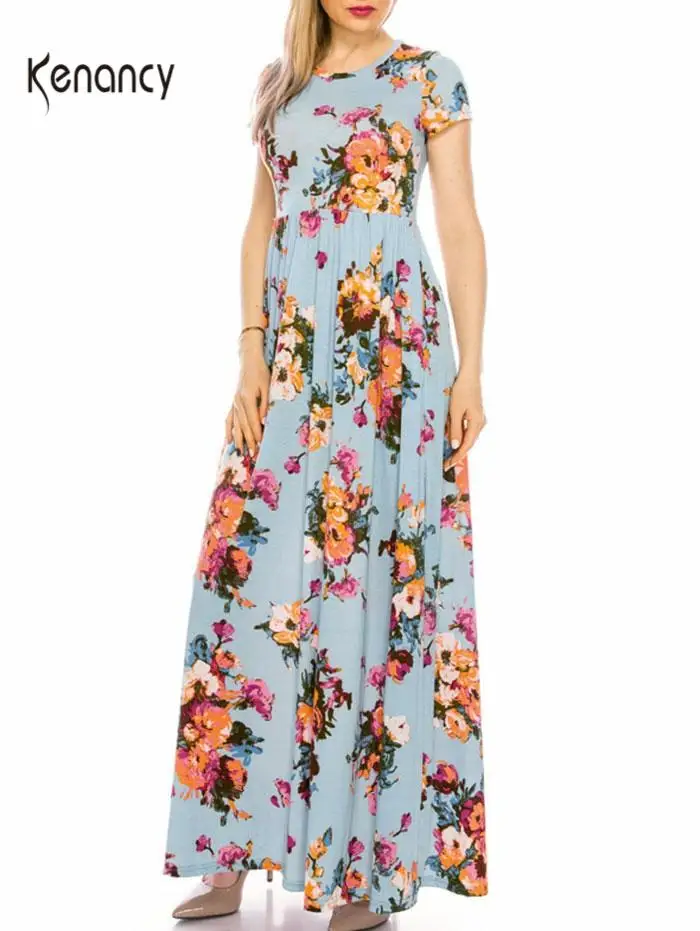 Kenancy Floral Print Women Summer Dress Short Sleeve Pocket Long Maxi Casual Evening Party Beach Dresses Sundress Robe | Женская одежда