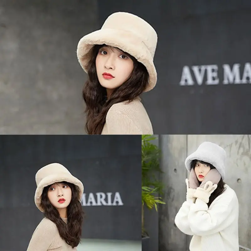 straw bucket hat womens 2020 Womens Winter Thicken Fluffy Plush Fisherman Cap Solid Color Wide Brim Sun Hat white bucket hat