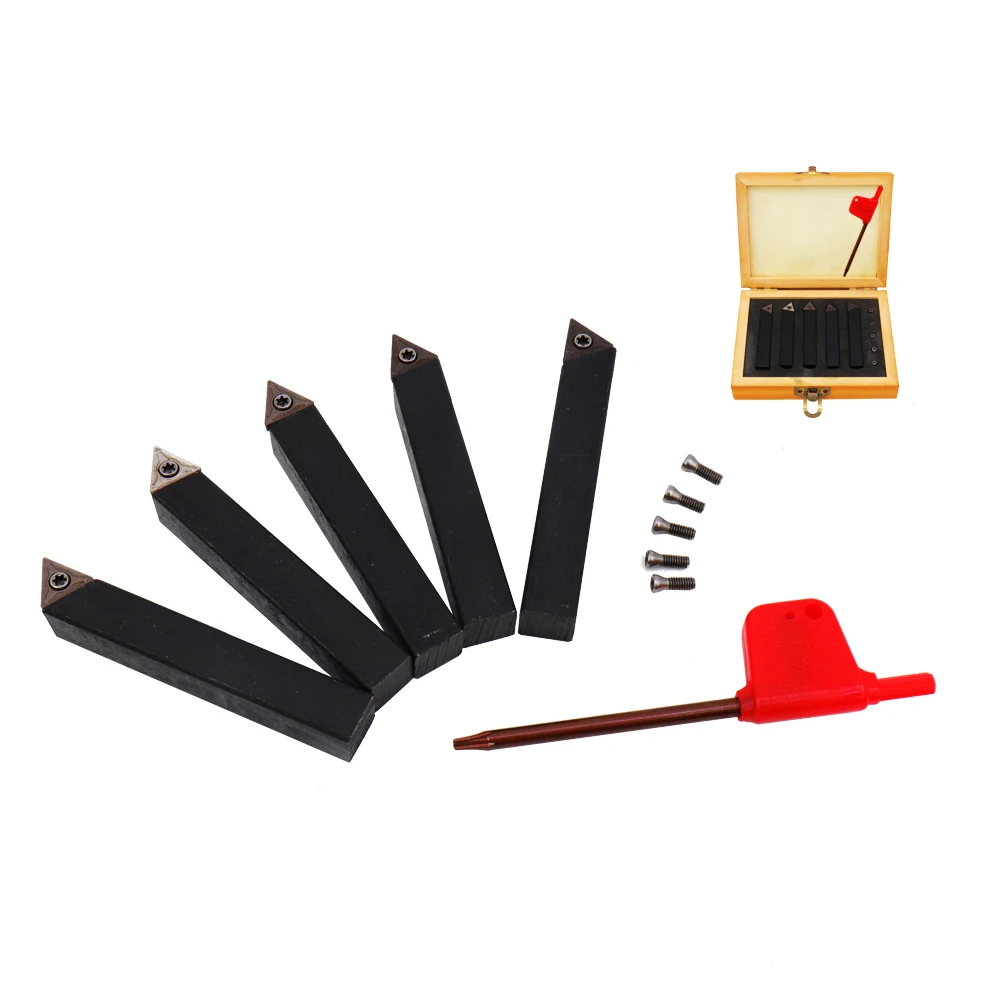 

10mm shank wooden box package With 5 screw, 5pcs Indexable Carbide Insert Lathe Tools Set for Turning, Cutting, Facing, Borin
