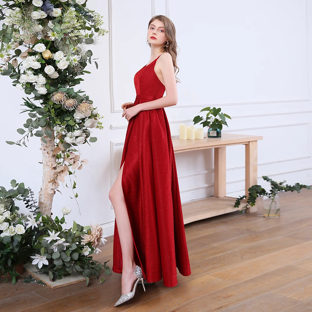 SSYFashion, новинка, простое сексуальное вечернее платье с v-образным вырезом, без спинки, с высоким разрезом, красные блестки, сверкающие Длинные вечерние платья для выпускного вечера Vestidos