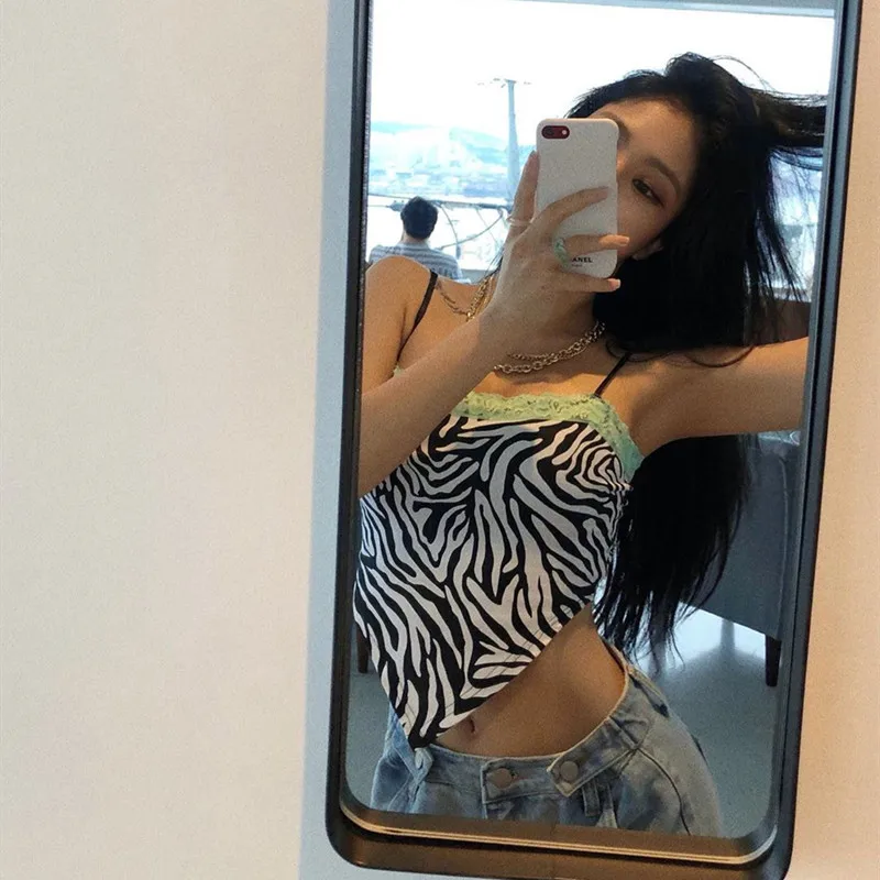 2020 Hight Street Women's Zebra Pattern Sexy Camisole Sleeveless Square Collar Lace Trim Cropped Top Sexy Open Back Streetwear