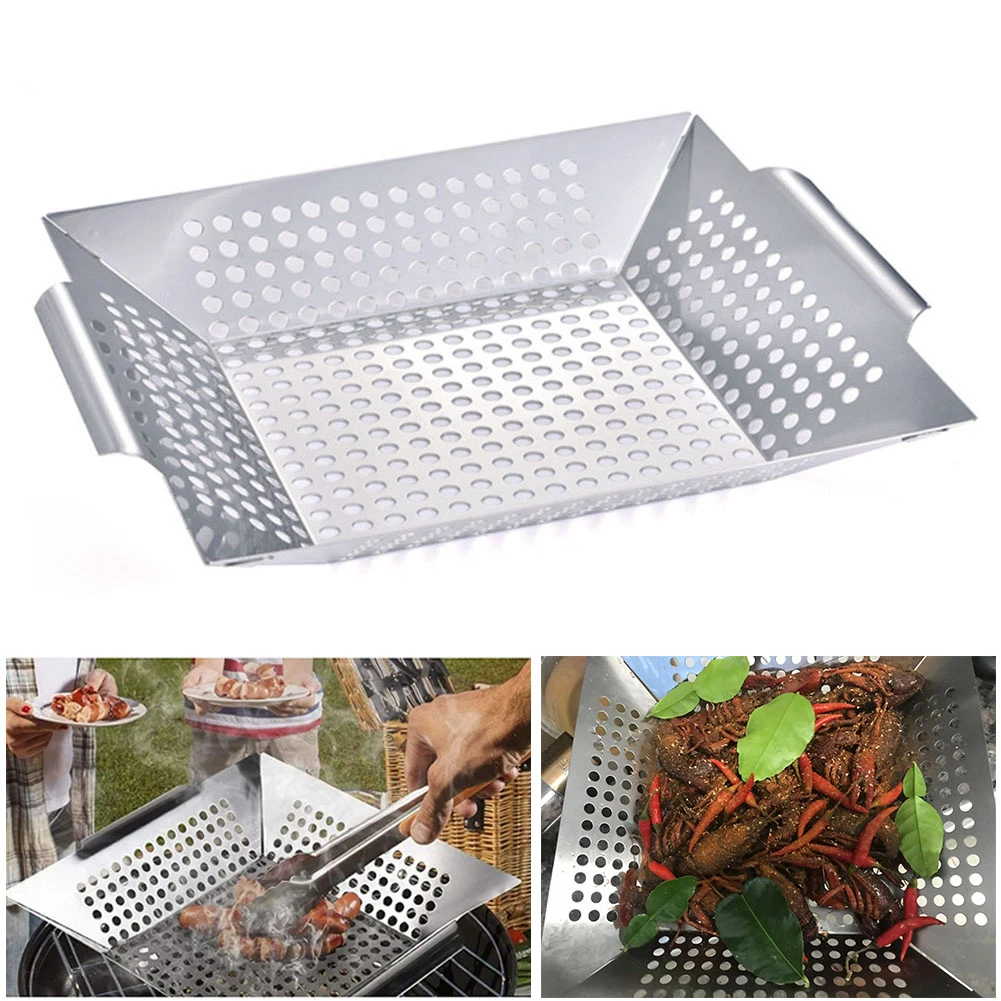 New Stainless Steel Grill Tray Square Vegetable Grill Basket BBQ Grid Topper Veggies Barbecue Wok Tool|Pans| - AliExpress