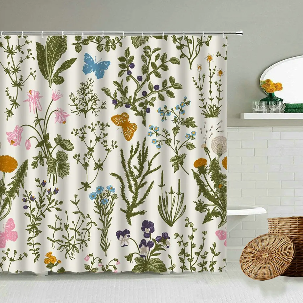 

Floral Shower Curtain Garden Wild Plant Leaf Flower Butterfly Retro Watercolor Art Bathroom Decor With Hook Waterproof Screen