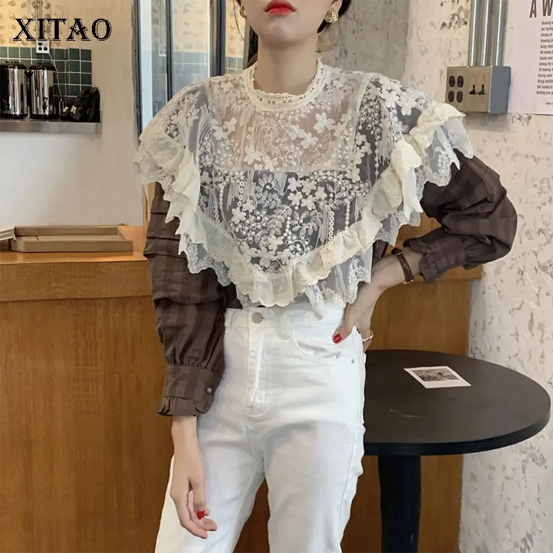 

XITAO Lace Perspective Blouse Retro Sweet Heavy Duty Embroidery Lace Hollow Out Patchwork Minority Casual Loose Shirt DMY2631