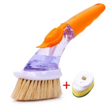 

Kitchen Cleaning Brush Soap Dispensing Dish Brush Pot Scrubber Cleaner With Non-slip Silicone Handle And Replacement Sponge Head