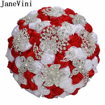 

JaneVini Western Style Bride Flower Sparkly Silver Rhinestone Crystal Wedding Bouquet Red White Custom Satin Bridal Bouquets