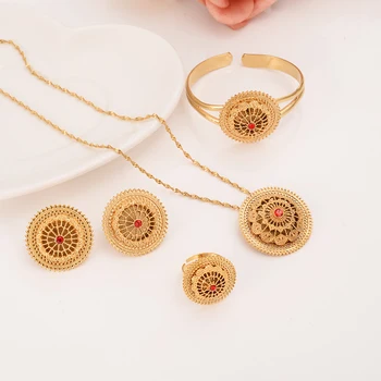 

Habesha Set Ethiopia Style Necklace Earrings Ring bangle Gold Color Jewelry Sudan women girls cz red cystal bridal Wedding Gift