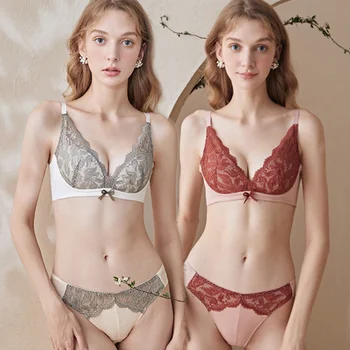 

French Lace Bra And Panties Set Women Sexy Lingerie Set Wire Free Bralette Embroidery Push Up Underwear Brassiere 5/8 Cup