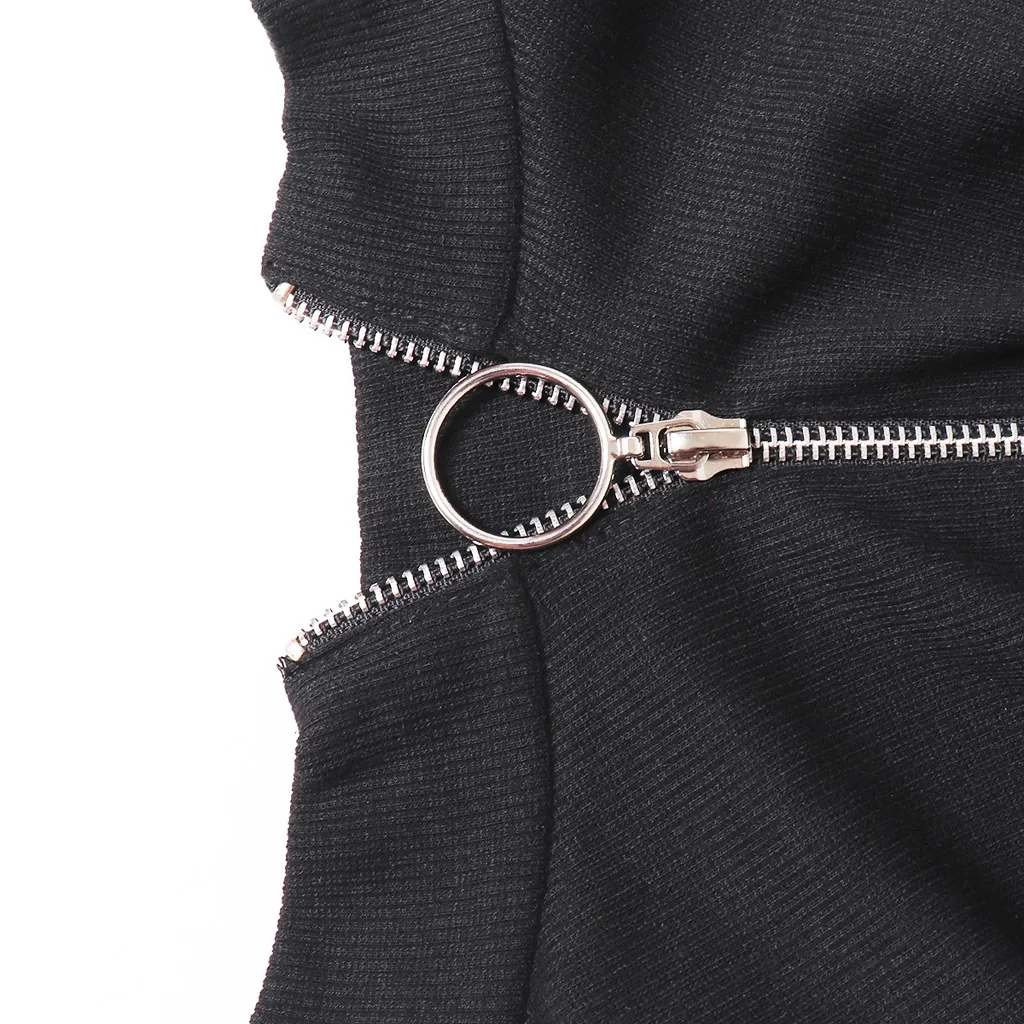 Black Front Bodysuit Sexy Long Sleeve O-neck Off Shoulder Zipper Tight Plain Skinny Bodysuits Women Stretchy Minimalist Bodysuit