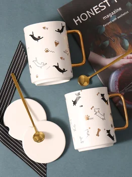 

Nordic Cartoon Cat Dog Cup Ins Cute Ceramic Coffee Mug with Lid Spoon 480ml Large Capacity Couples Drinking Cups Office Milk Mug