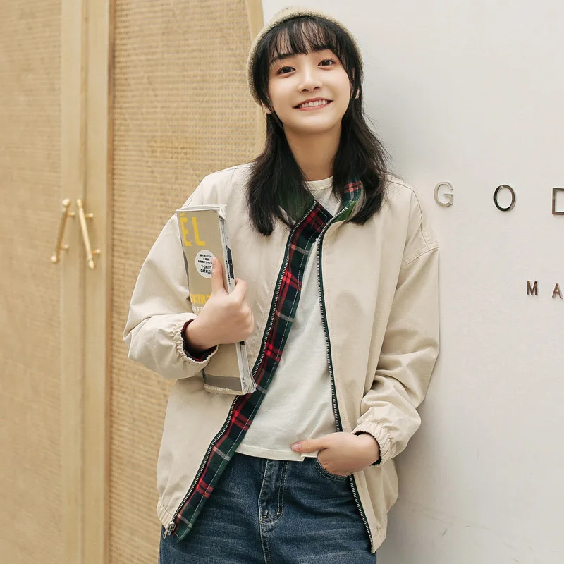 Apricot Корейская женская Двухсторонняя куртка с длинным рукавом Harajuku карманы пальто Женская клетчатая Свободная куртка на молнии осень - Цвет: Apricot