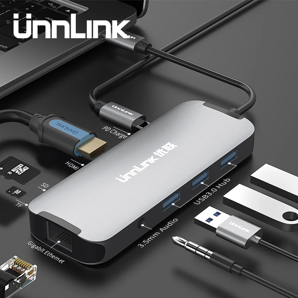 

Unnlink USB C HUB Type C HUB HDMI 3.5mm Audio RJ45 Thunderbolt 3 Dock Station Adapter for MacBook Pro Galaxy S9 S10 P20 P30 Dex