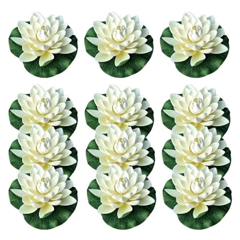 

12Pcs Artificial Floating Foam Lotus Flowers,With Water Lily Pad Ornaments,Ivory White,Perfect for Patio Koi Pond Pool Aquarium