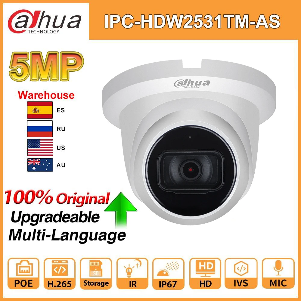 US $68.29 Original Dahua Ip Camera 5mp IpcHdw2531tmAsS2 Ir 30m Starlight Camera With Ivs Mic Sd Card Slot