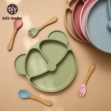 Let's Make – assiettes en Silicone pour aliments pour bébé, bol, cuillère, ours de dessin animé, vaisselle pour enfants, Gel de silice de qualité alimentaire 