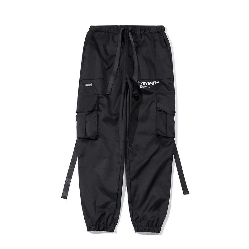 Men Streetwear Hip Hop Black Cargo Pants Pockets Harajuku Harem Pants Swag Ribbon Joggers Pants HipHop Sweatpants Trousers