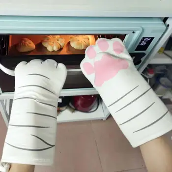 

3D Cartoon Cat Paws Oven Mitten Long Cotton Baking Insulation Gloves Microwave Heat Resistant Non-slip Kitchen Gloves
