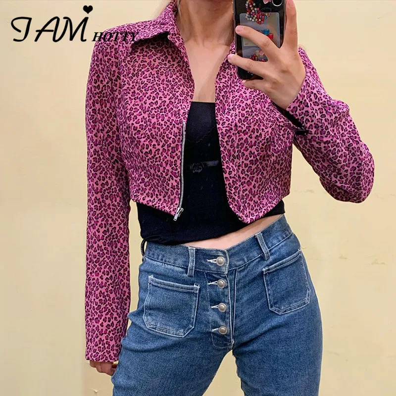 

Iamhotty 2020 Leopard Moto & Biker Women's jacket Punk Style Womens Coats Long Sleeve Turn-Down Zipper Short Jacket Clothes
