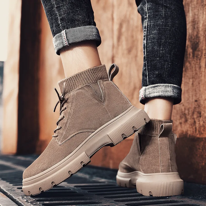 

Martin Boots 2019 Autumn And Winter plus Velvet Warm Men's Boots Workwear Trendy Shoes Big Head Leather Shoes British Style Sock