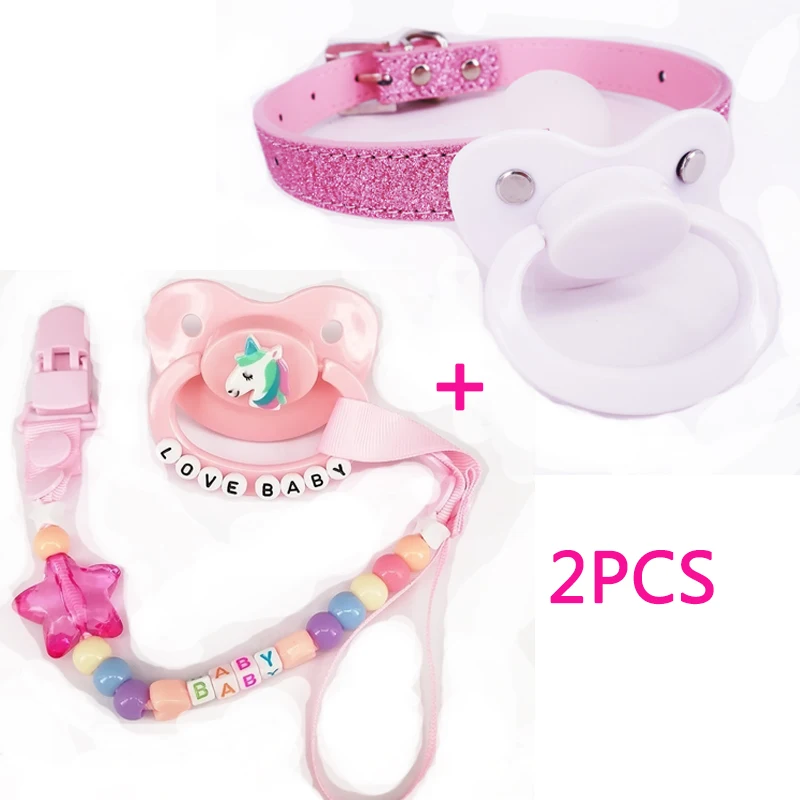 Соска-пустышка DDLG для взрослых 2 шт. розовая с блеском белым + единорогом зажимом