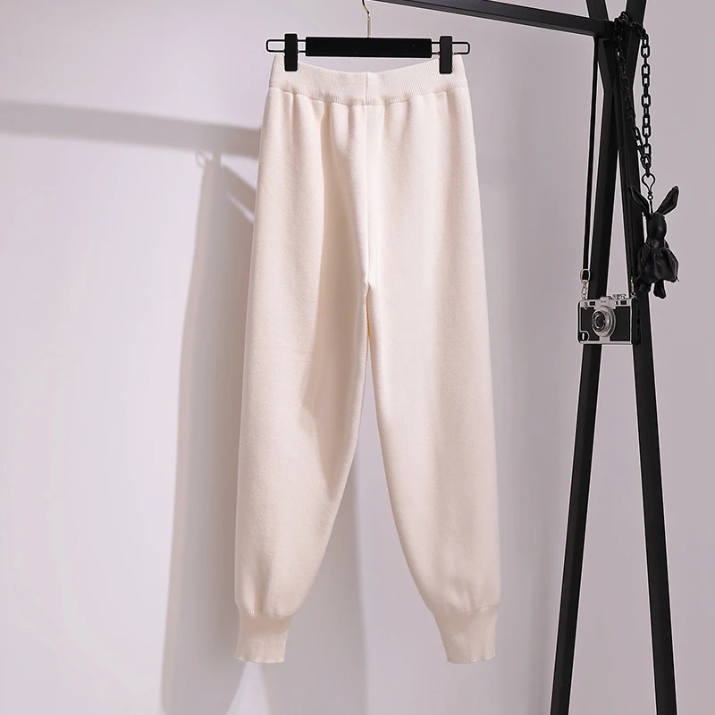 plus size spring autumn winter women clothes vintage skinny ladies high waisted knitted wide-legged pants female K0485 - Цвет: Rice white