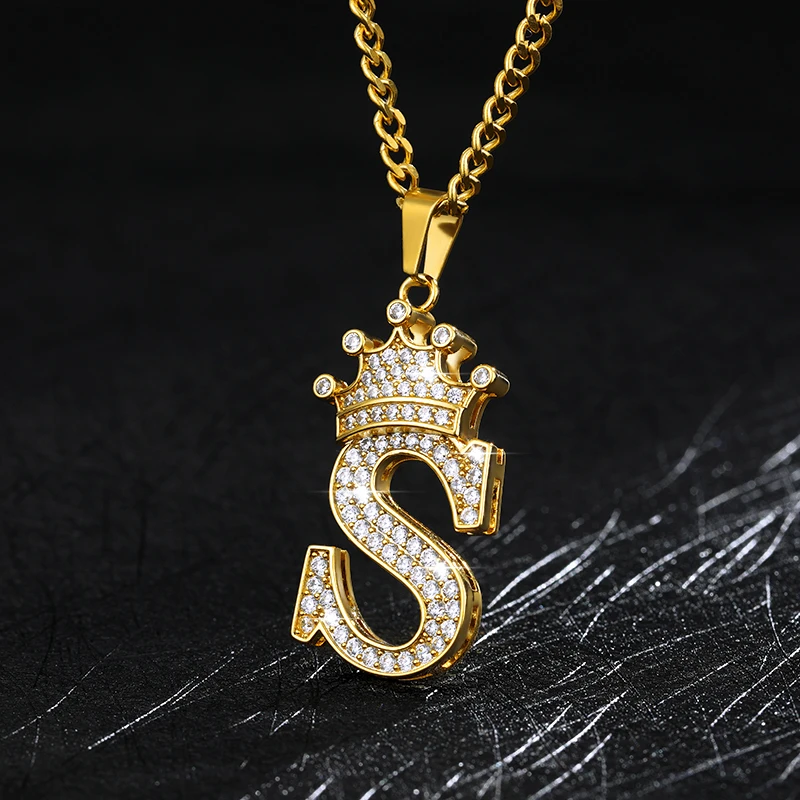 Zircon Crown Letter Pendant Necklace 