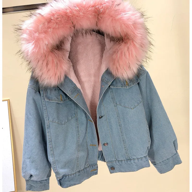 Faux Fur Collar Denim Jacket Hooded 