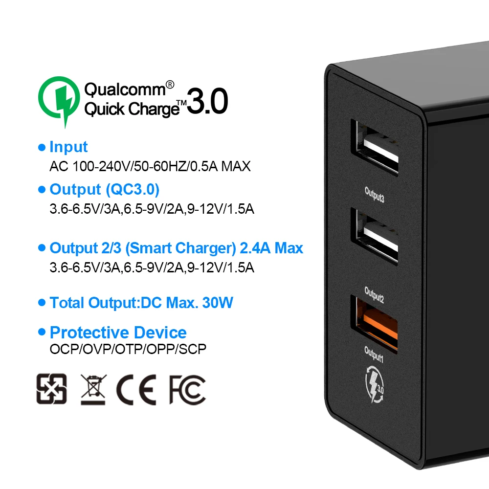 Быстрое зарядное устройство Rocketek 3 USB зарядка 30 Вт QC3.0 2.4A QC Быстрая зарядка мобильного телефона зарядное устройство для iPhone samsung Xiaomi huawei lg