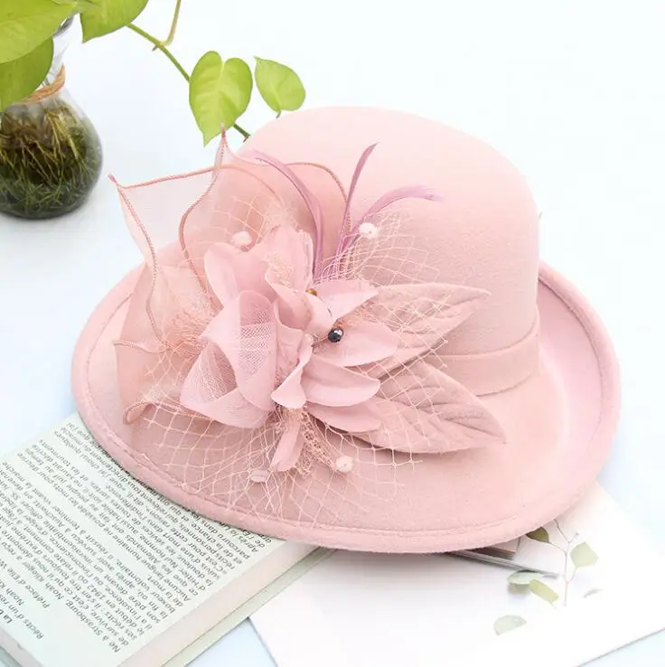 pink Зимние элегантные складные шерстяные фетровые Chruch Hat для женщин цветочные ведро Свадебные шляпы флоппи Твердые крышки Защита от солнца - Цвет: pink