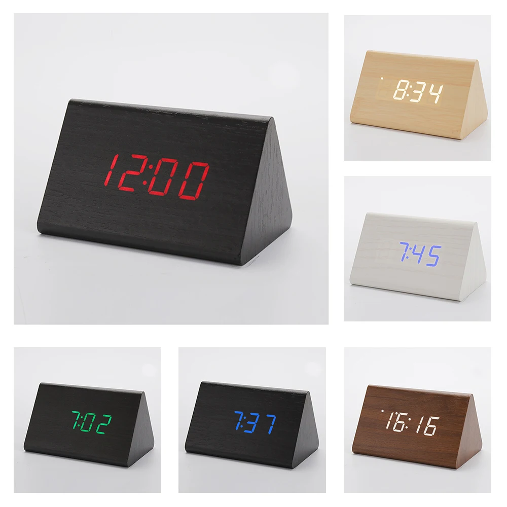 

Wooden Alarm Clock Desktop Digital Clocks Sound Control Snooze Wood LED Clock Thermometer Home Decor Gift Birthday Gift
