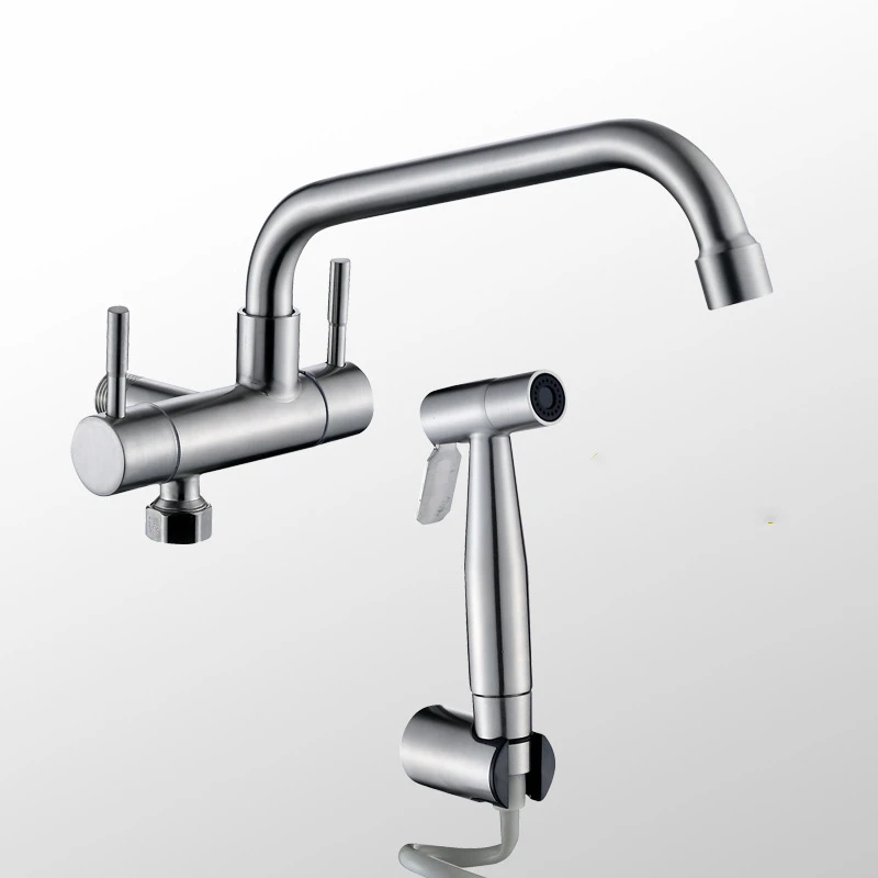 304 Stainless Steel Kitchen Faucet Wall Mounted Double Handle Single Cold Water Tap Sprayer Bidet Nozzle for Balcony